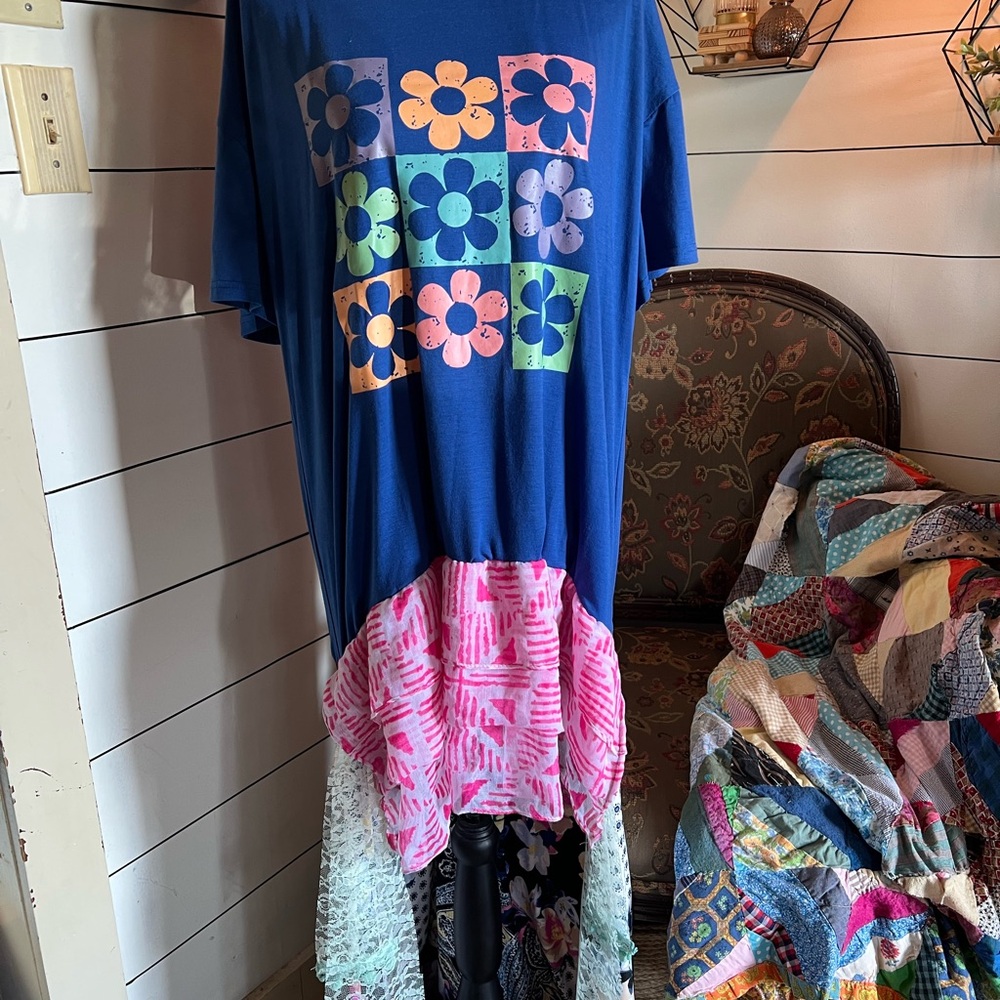 Upcycled Floral Patchwork T-Shirt Dress with Pink and Blue Accents